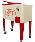 Creamfish 60-Quart Vintage Style Wheeled Cooler With Split Top Lids shown from the side view with red legs and Coca-Cola logo.