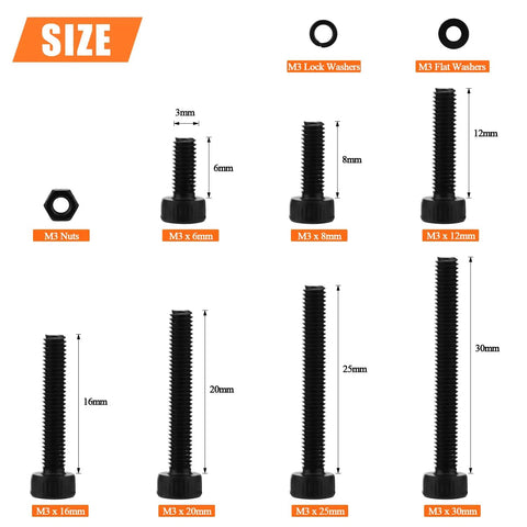 540 Piece M3 Hex Socket Head Cap Screws Kit With Nuts Washers In Black 6mm 8mm 12mm 16mm 20mm 25mm 30mm Beefy Full Threaded 12.9 Grade Alloy Steel Hardware Set
