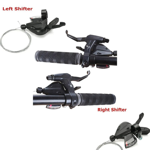 Two Pack SL M310 3x8 Speed Shifter Trigger Set with Cable for MTB Road City Bikes, showing left and right shifters with grips.