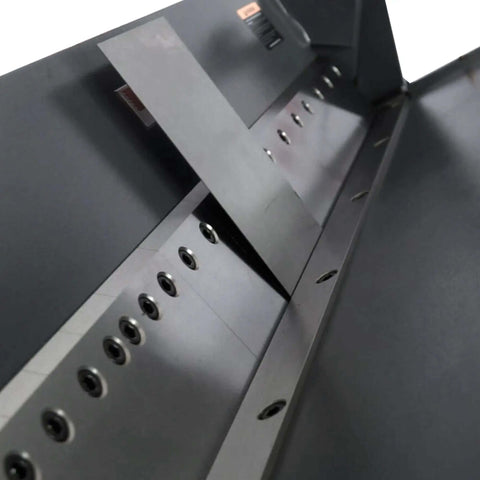 Close-up of Workhorse 40 Inch Box And Pan Brake For 12 Gauge Mild Steel With Hands Free Foot Control plate alignment