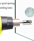 Side view of a 1/2-inch diamond hole-saw drill bit mounted in a yellow cordless drill, for tile and glass.