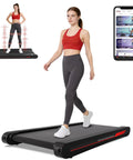 Woman using Under Desk Vibration Treadmill With 3 In 1 Vibration Plate for home gym, app interface shown next to treadmill