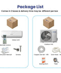 Package list for No Sweat Ductless Mini Split Air Conditioner And Heat Pump 18000 Btu, includes indoor and outdoor units.