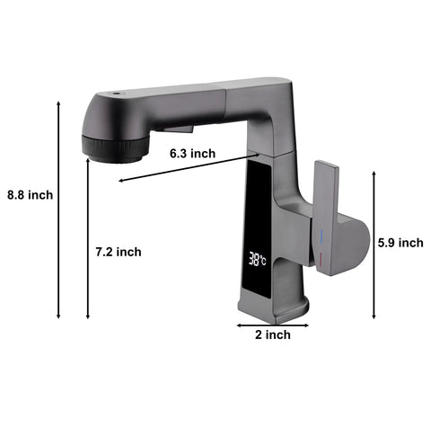 LED Bathroom Faucet With Pullout Sprayer Grey Digital Temperature Display 5 Water Flow Modes Single Handle Vanity Faucet