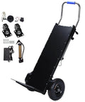 Powerful 1500W Motorized Stair Climbing Hand Truck Dolly Cart For Heavy Loads Up To 880 Lbs Ideal For Moving Furniture Appliances And Inventory Across Floors With Easy Control And Durable Construction. Black steel stair-climbing cart with wheel kit and charger