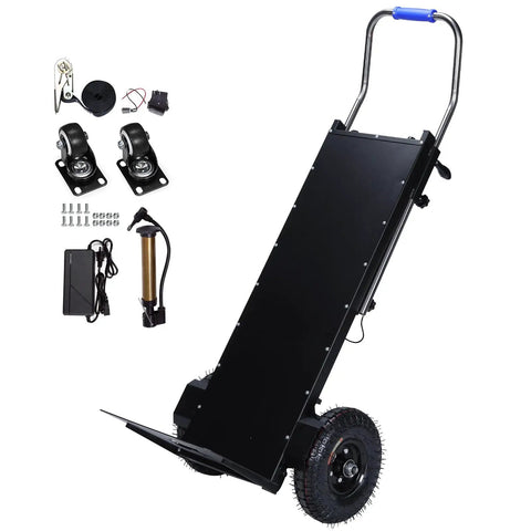 Powerful 1500W Motorized Stair Climbing Hand Truck Dolly Cart For Heavy Loads Up To 880 Lbs Ideal For Moving Furniture Appliances And Inventory Across Floors With Easy Control And Durable Construction. Black steel stair-climbing cart with wheel kit and charger