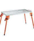 Solid Gear Foldable Welding Table 44 X 21 Inch Carbon Steel Workbench with adjustable height legs and sturdy orange frame.