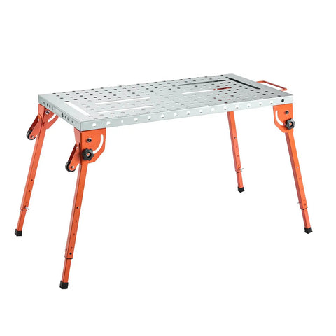 Solid Gear Foldable Welding Table 44 X 21 Inch Carbon Steel Workbench with adjustable height legs and sturdy orange frame.