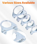 Two Pack 1.77 Inch U-Bolt Clamp Saddle Style Exhaust Clamps for Mufflers and Tip Pipes 45mm Steel shown in various sizes