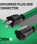 Close-up of grounded plug and connector of 100 Ft 16/3 SJTW Green Outdoor Extension Cord With 3 Prong Grounded Plug 10 Amp 1250 Watt