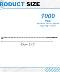 1000 Piece 5 Inch Black Beaded Loop Tie Fasteners Heavy Duty Snap Lock Security Seals Adjustable Plastic Tag Straps measurement chart.