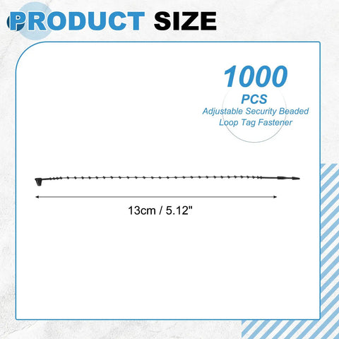 1000 Piece 5 Inch Black Beaded Loop Tie Fasteners Heavy Duty Snap Lock Security Seals Adjustable Plastic Tag Straps measurement chart.
