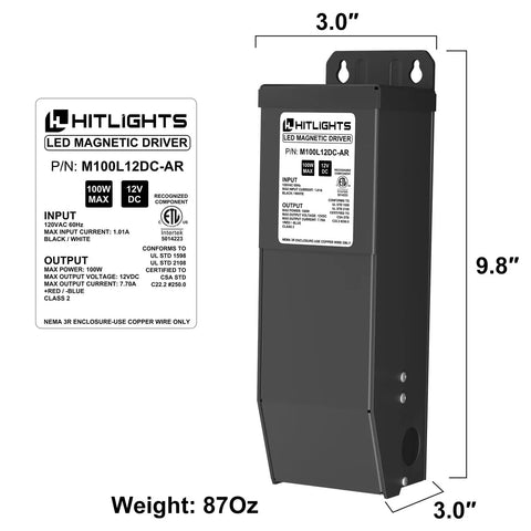 Dimmable LED Driver And 12V 100W Magnetic Power Supply, shown with dimensions and weight, converts 120V AC to 12V DC.