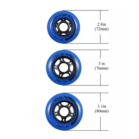 VXT500 80mm Inline Skate Wheels 2 Pack Deep Sea Blue sets in sizes 72mm, 76mm, 80mm for smooth indoor outdoor rides with durable urethane