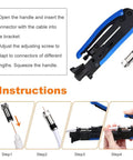 Coaxial Cable Crimping Kit With 20 F Compression Connectors and adjustable crimper shown with instruction steps for RG6 RG59 RG11 RG58 RG7