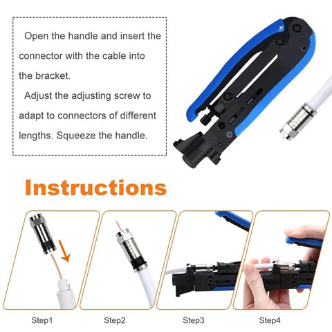 Coaxial Cable Crimping Kit With 20 F Compression Connectors and adjustable crimper shown with instruction steps for RG6 RG59 RG11 RG58 RG7