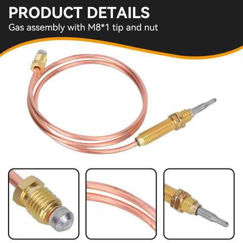 Gas Thermocouple With M8x1 End Nut And Head Tip Sensor For Outdoor Gas Setups, Pro Grade, 60 Cm Overall Length, 5.5 By 1 Cm Probe, Fits 24 Inch Propane BBQ Grills, Fire Pits, Fireplaces, And Patio Heaters Replacement Part, detailed view of copper coil and M8x1 nut connection.