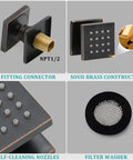 2 Inch Brass Square Massage Shower Body Sprayer Jets In Oil Rubbed Bronze Set Of 6 With Dope Adjustable Up Down Left Right Rotation And Concealed Installation For Modern Bathrooms showing fitting connector, solid brass, self-cleaning nozzles, and filter washer features.
