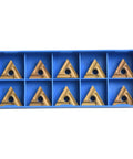 Indexable Carbide Turning Inserts TNMG160404R-ES TNMG331 for lathe tools in a 10-pack, arranged in a blue case.