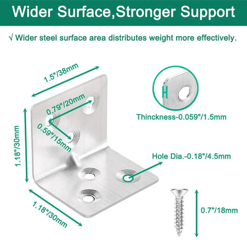 16 Pack Stainless Steel Corner Braces 1.5 By 1.2 By 1.2 Heavy Duty L Brackets, showing dimensions and details for DIY projects.
