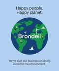 Illustrated globe with 'Brondell' logo and slogan 'Happy people. Happy planet.' promoting environmental commitment.