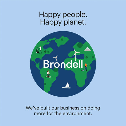 Illustrated globe with 'Brondell' logo and slogan 'Happy people. Happy planet.' promoting environmental commitment.