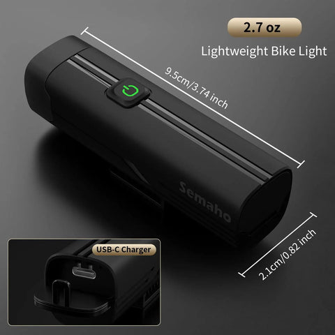 400 Lumen Rechargeable Bike Headlight For Night Riding, shown with dimensions and USB-C port