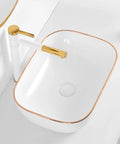 Slick Rectangular Vessel Sink For Above Counter Bathroom Vanity Heavy Duty Ceramic Basin With Stain Proof Surface and faucet.