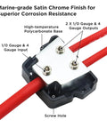 Six Way Car Audio Power And Ground Distribution Block With One Input And Two Outputs For 0 2 4 Gauge Wires close-up with red cables
