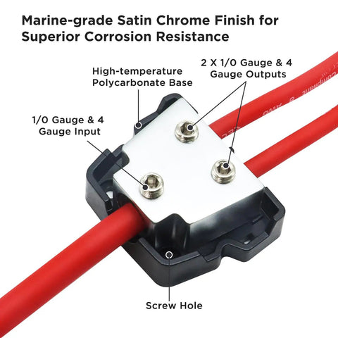 Six Way Car Audio Power And Ground Distribution Block With One Input And Two Outputs For 0 2 4 Gauge Wires close-up with red cables