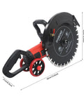 Job Site Ready 16 Inch Wet Dry Electric Concrete Cutting Saw With Integrated Water Pump And Extended Hose For Crisp Dust Free Grooving On Granite Tile Stone Wood And Brick Works Heavy Duty 4000 Watt Power Rig with blade and wheel details.
