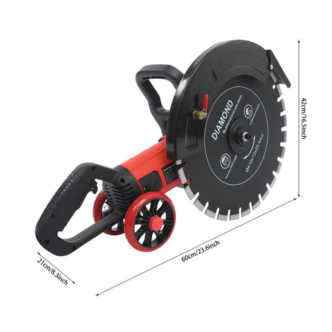Heavy Duty 16 Inch Electric Concrete Saw With 4000 Watt Copper Motor Boasts Badass Torque For Masonry Cuts showing blade and handle features.