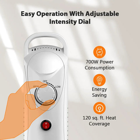 Hand adjusting knob on 700W Portable Oil Radiator Heater For Small Rooms And Desks, Silent Office Space Heater With Overheat Protection.