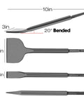 Beast 4 Piece SDS Plus Chisel Set For Demolition And Tile Removal, showing 10in bent, straight, narrow flat, and point chisels.