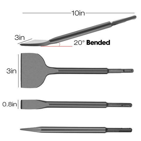 Beast 4 Piece SDS Plus Chisel Set For Demolition And Tile Removal, showing 10in bent, straight, narrow flat, and point chisels.