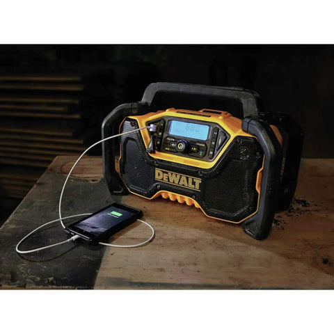 12V and 20V Max Portable Bluetooth Radio With Dual 3.5 Inch Subwoofers and 1 Inch Tweeters For Stereo Sound on workbench