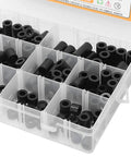 Black Nylon Spacers Assortment Kit 150 Piece Set For PCB Mounting And Electrical Projects With Standoff Washers Durable Heat Resistant Hardware In 10 Sizes From 3mm To 25mm Includes Storage Box, open organizer tray