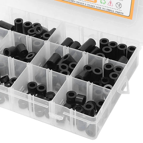 Black Nylon Spacers Assortment Kit 150 Piece Set For PCB Mounting And Electrical Projects With Standoff Washers Durable Heat Resistant Hardware In 10 Sizes From 3mm To 25mm Includes Storage Box, open organizer tray