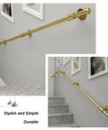 Straight Up Solid Gold Stair Handrail Wall Mounted Banister Built Like A Tank For Heavy Duty Indoor Outdoor Projects No Sweat Install Super Grippy 16 Feet Support Bar mounted on a wall beside stairs.