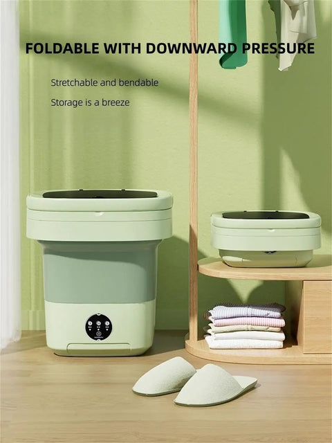 No Drama Portable Washing Machine 20L Capacity Lightweight Mini Washer in green, foldable with storage for apartments.