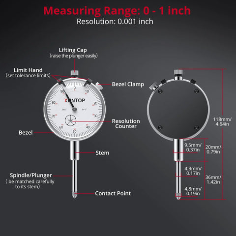 XUNTOP dial indicator, front view: 0-1 inch range, 0.001 inch resolution, magnetic base