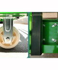 Close-up of Rock Solid Shop Beast Steel Cart wheels and locking system, showcasing durable material and smooth rolling features.