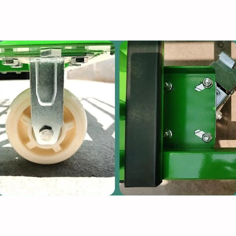 Close-up of Rock Solid Shop Beast Steel Cart wheels and locking system, showcasing durable material and smooth rolling features.