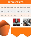 10 Piece Pipe Saddle Template Cutting Guide Set With Precision Wrap Around Pipe Notcher And Insulation Cutting Tool Kit For Accurate Arc Edge Tube Cutter Templates For Welding And Plumbing DN20mm To DN200mm, including size chart, leather guide, and notcher usage illustration.