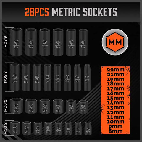 Heavy Duty 50 Piece Three Eighth Inch Drive Impact Socket Set With SAE And Metric Sizes Six Point Chrome Vanadium Sockets