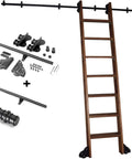 Built Like A Tank Rolling Ladder Track And Sliding Barn Door Hardware Kit For Your Sweet Loft Or Shed, Super Smooth Black Steel Stair Glide Rail With Heavy Duty Floor Casters, Hassle Free Library Setup with wooden ladder and components.
