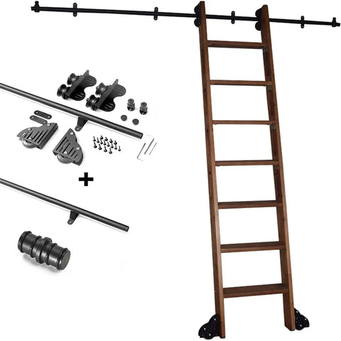 Heavy Duty Adjustable Stair Climbing Track System 3.3 To 20 Ft Rolling Rail Kit with a wooden ladder and hardware components.