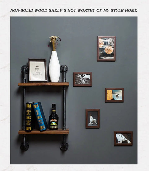 Hella Durable Industrial Pipe Wall Shelf Heavy Duty Two Tier Floating Bookshelf with books and vase on wooden shelves.