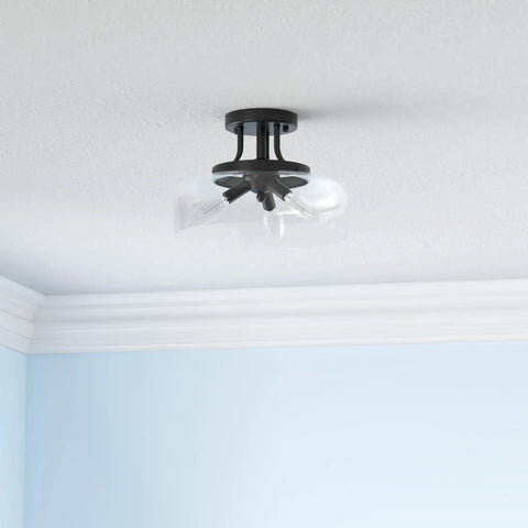 Black Semi Flush Mount Ceiling Light With Clear Glass Shade, 3-Bulb Fixture For Kitchen Bedroom Living Room, matte black finish