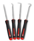 4-Piece Mechanic Pick Set With Soft Grip Handles for O Rings, Oil Seals, Gaskets, Electronics, and Auto Repair, showing pick angles.